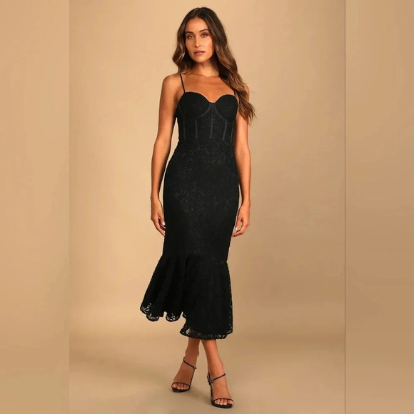 Lulu's Found Your Love Black Lace Sleeveless Trumpet Midi Dress L Wedding Party - Picture 2 of 11